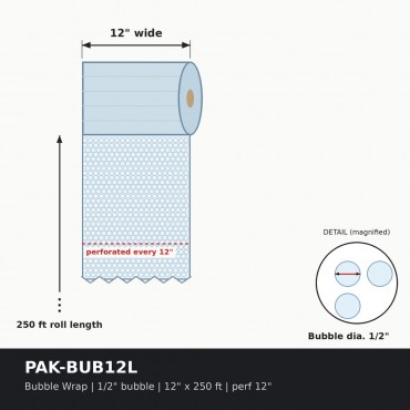 Bubble Wrap Roll 1/2 in. Large Bubble, 12 in. x 250 ft, Perforated Every 12 in.