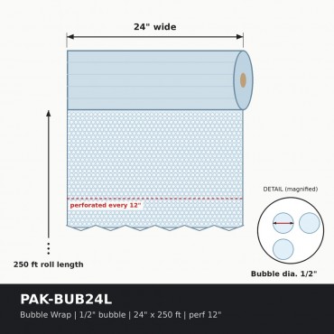 Bubble Wrap Roll 1/2 in. Large Bubble, 24 in. x 250 ft, Perforated Every 12 in.