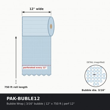 Bubble Wrap Roll 3/16 in. Small Bubble, 12 in. x 750 ft, Perforated Every 12 in.