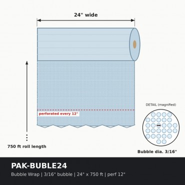 Bubble Wrap Roll 3/16 in. Small Bubble, 24 in. x 750 ft, Perforated Every 12 in.