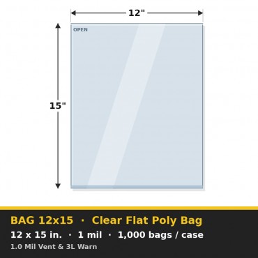 Clear Flat Poly Bag 12x15 in. 1 mil 1.0 Mil Vent & 3L Warn – Case of 1,000