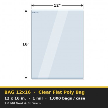 Clear Flat Poly Bag 12x16 in. 1 mil 1.0 Mil Vent & 3L Warn – Case of 1,000