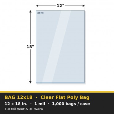 Clear Flat Poly Bag 12x18 in. 1 mil 1.0 Mil Vent & 3L Warn – Case of 1,000