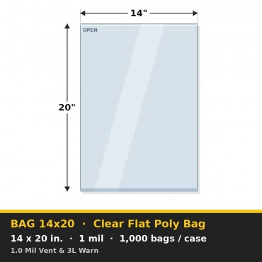 Clear Flat Poly Bag 14x20 in. 1 mil 1.0 Mil Vent & 3L Warn – Case of 1,000