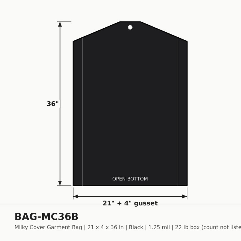 Milky Cover Bag 21 x 4 x 36 in. Black 1.25 Mil - Box (22 lb)